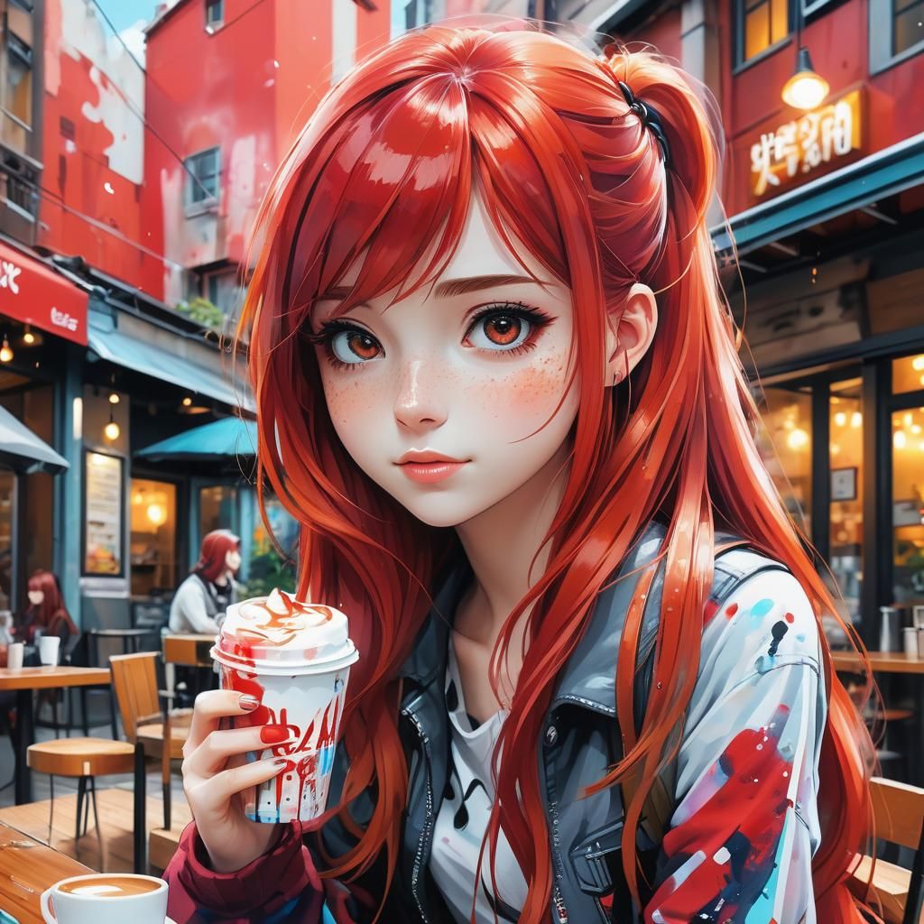 Cute Redhead Girl in Anime Manga Graffiti Style