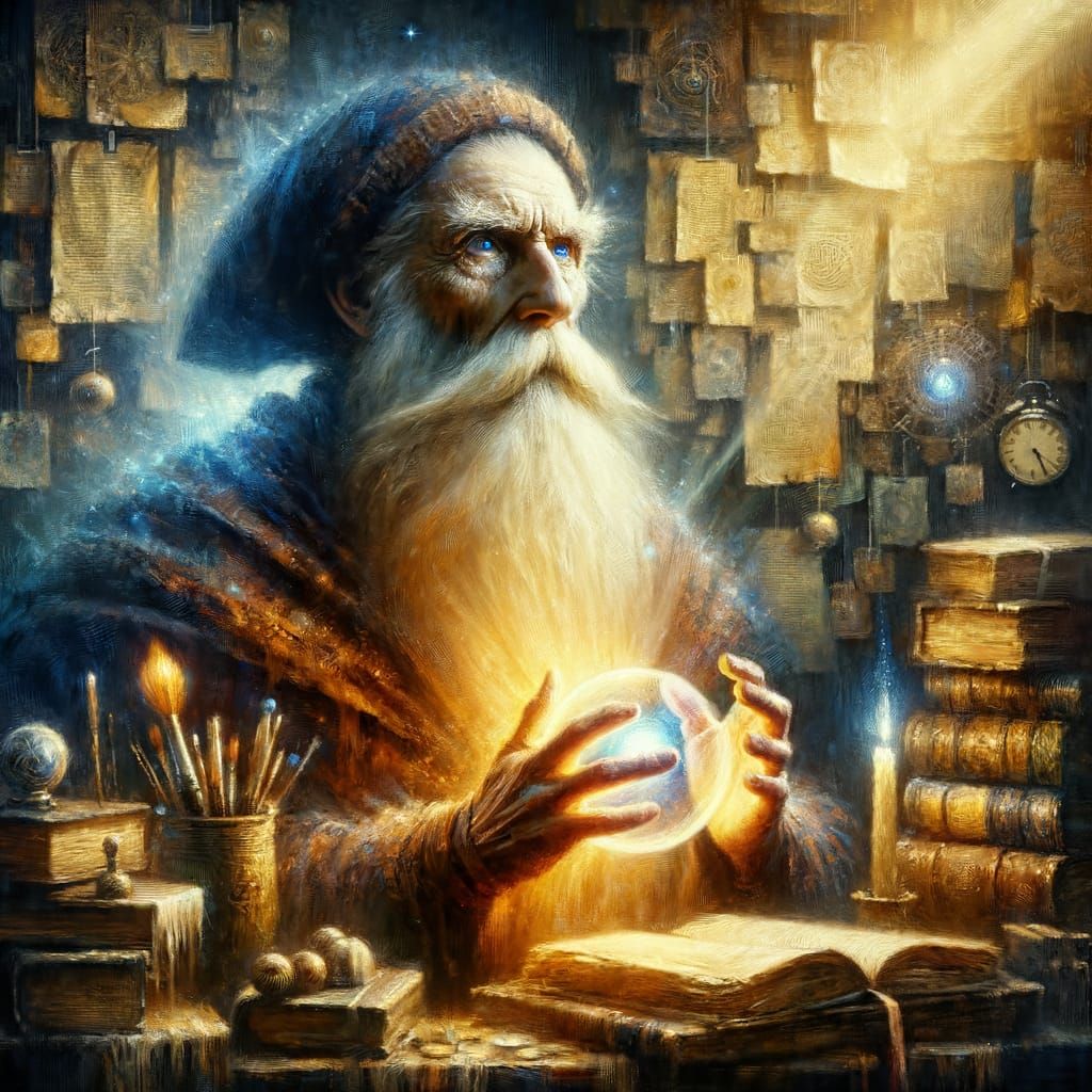 Enigmatic Oil Painting of Wizard Holding Glowing Orb in Stud...