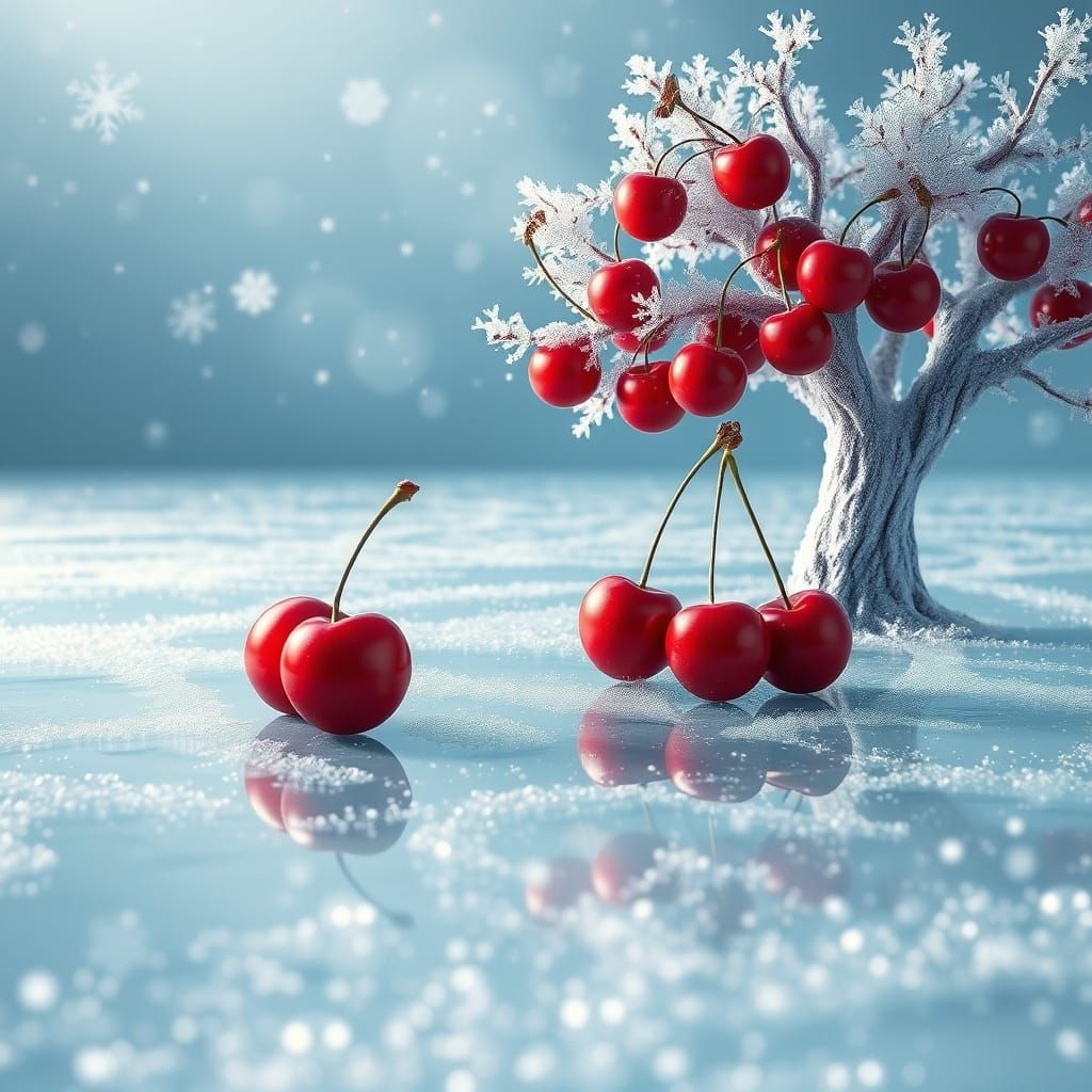 Surreal Cherry Landscape on Frozen Sea in Vibrant Colors