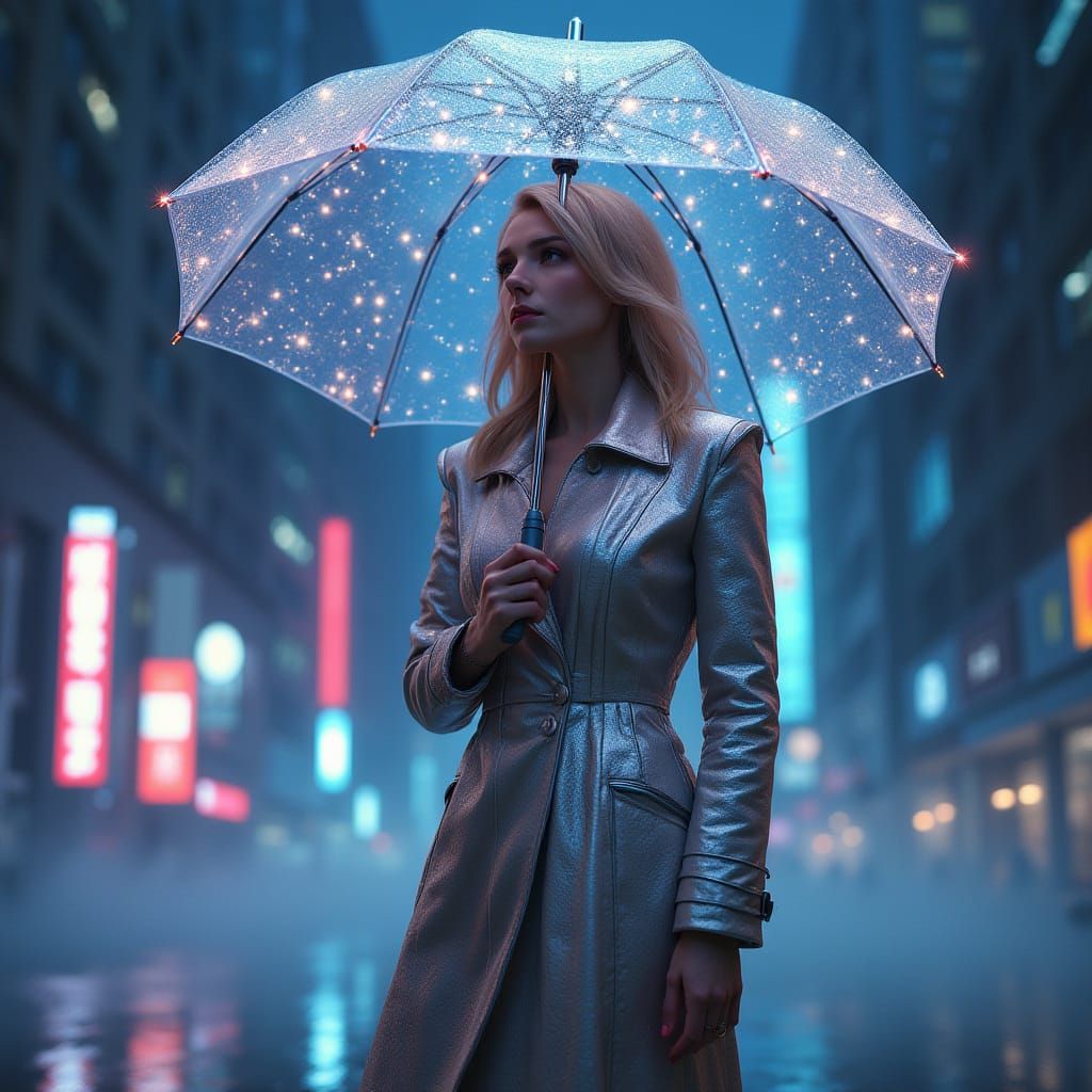 Woman Under Starry Umbrella in Cyberpunk Cityscape