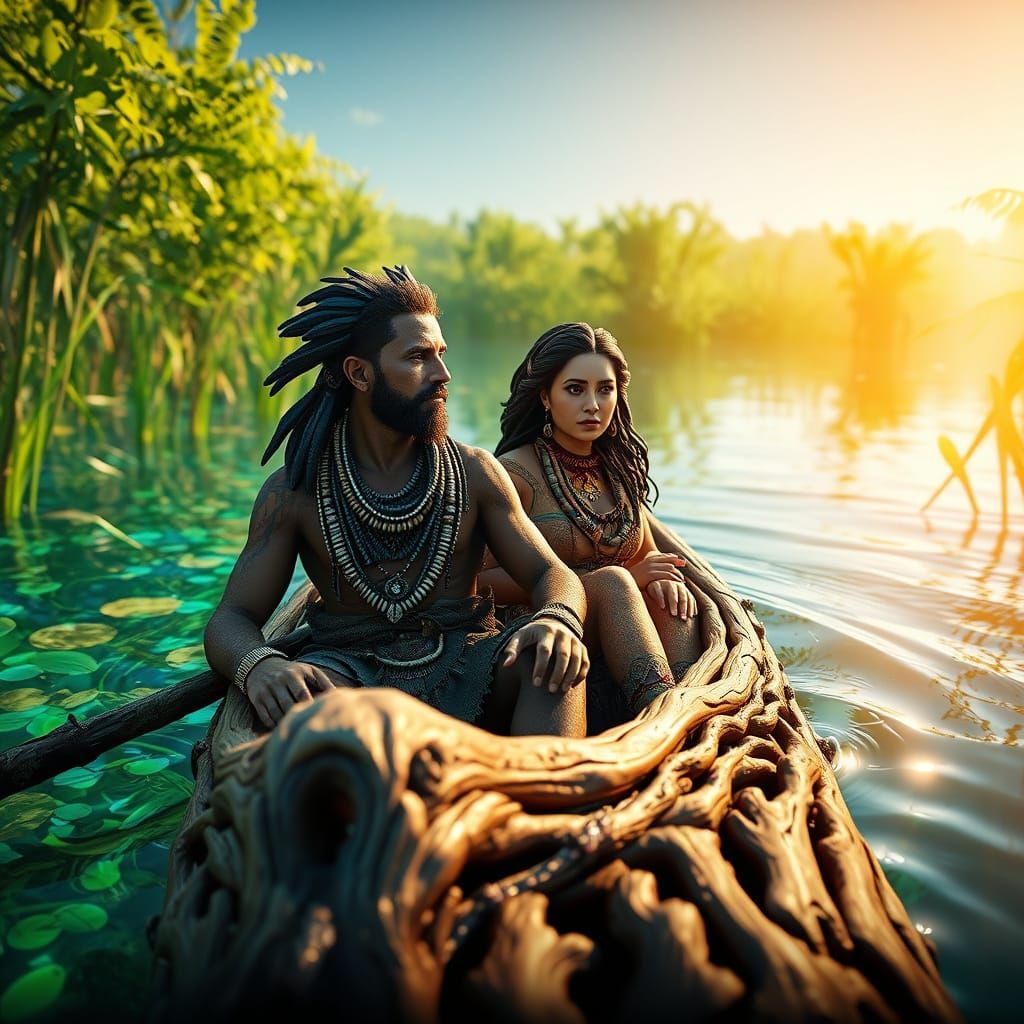 Ancient Calusa Couple Paddle Through Lush Marshes in Vibrant...