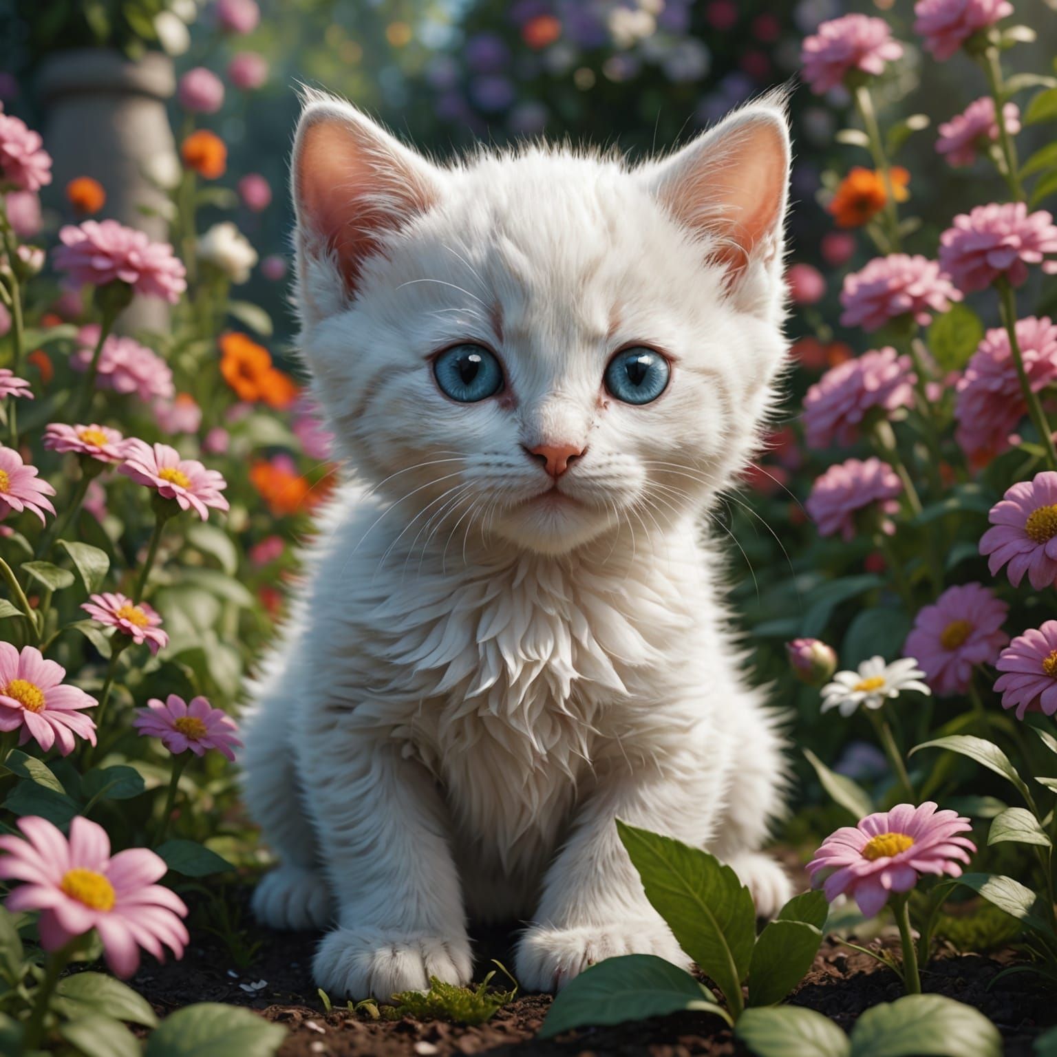 White Kitten in Flower Garden: Detailed Matte Painting