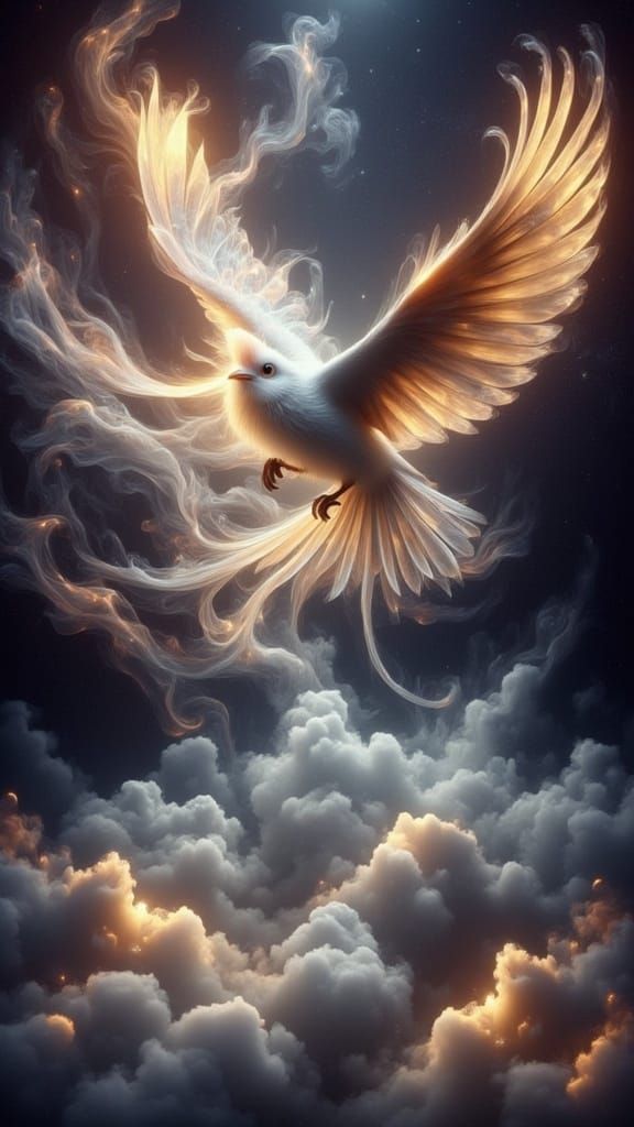 Ethereal Bird Takes Flight Among Starry Cumulus Clouds