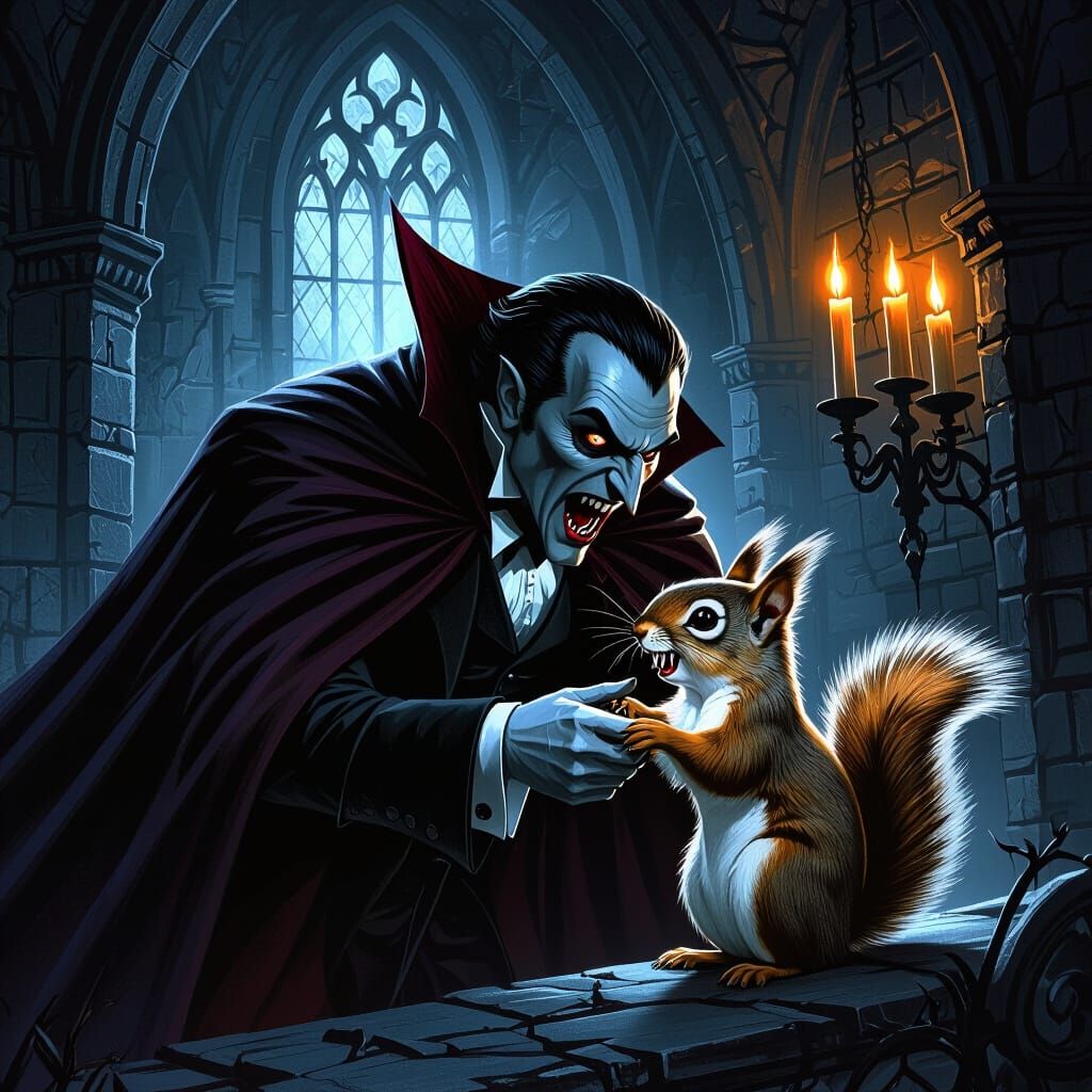 Gothic Vampire Bites Squirrel in Dark Castle Chamber