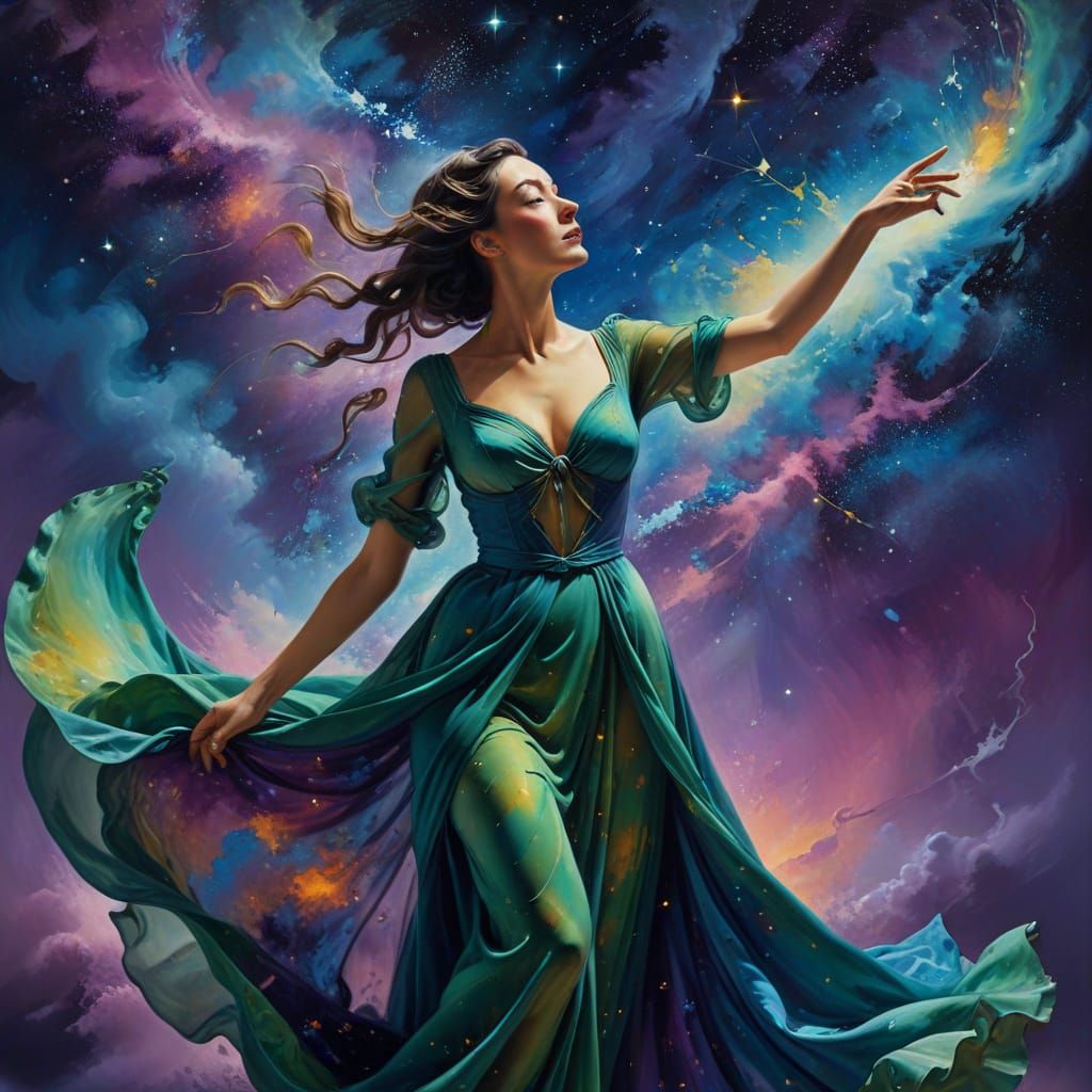 Surreal Curvy Woman Dances Amidst Vibrant Stars and Galaxies