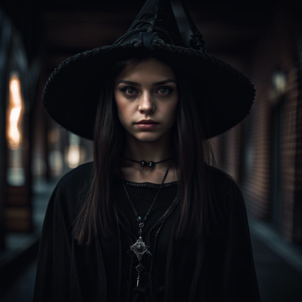 Hyperrealistic Teenage Witch in Black Outfit