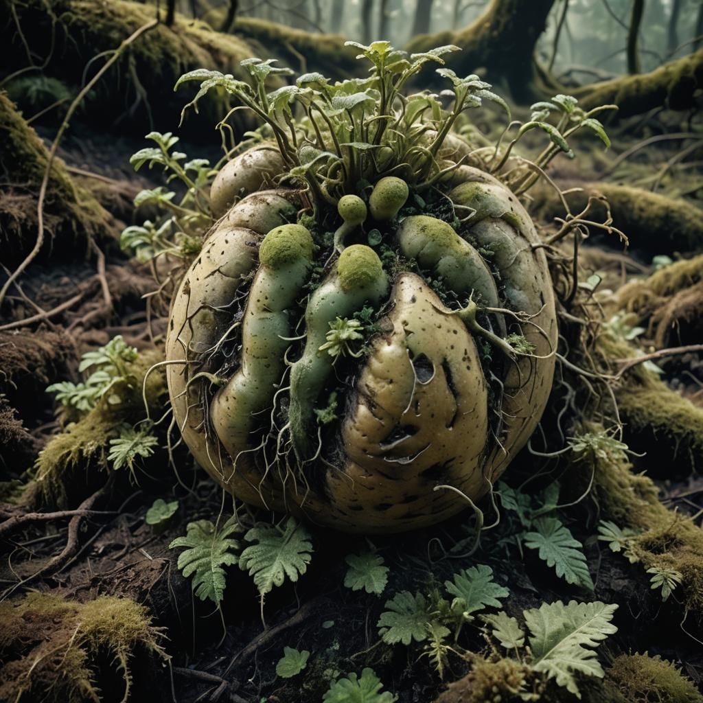 Fungus-Covered Potato in Dark Forest: Macro Photography