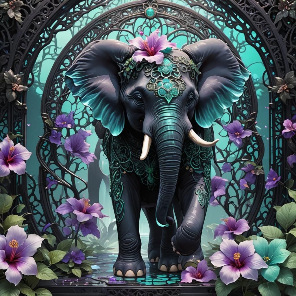 Opalescent Filigree Elephant and Hibiscus in Anime Style