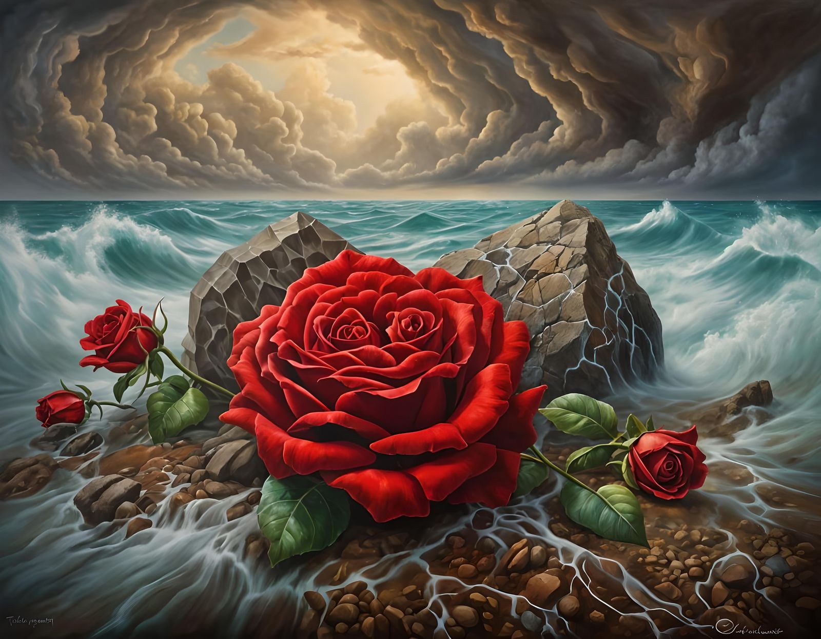 Surreal Masks Fused with Rock and Rose