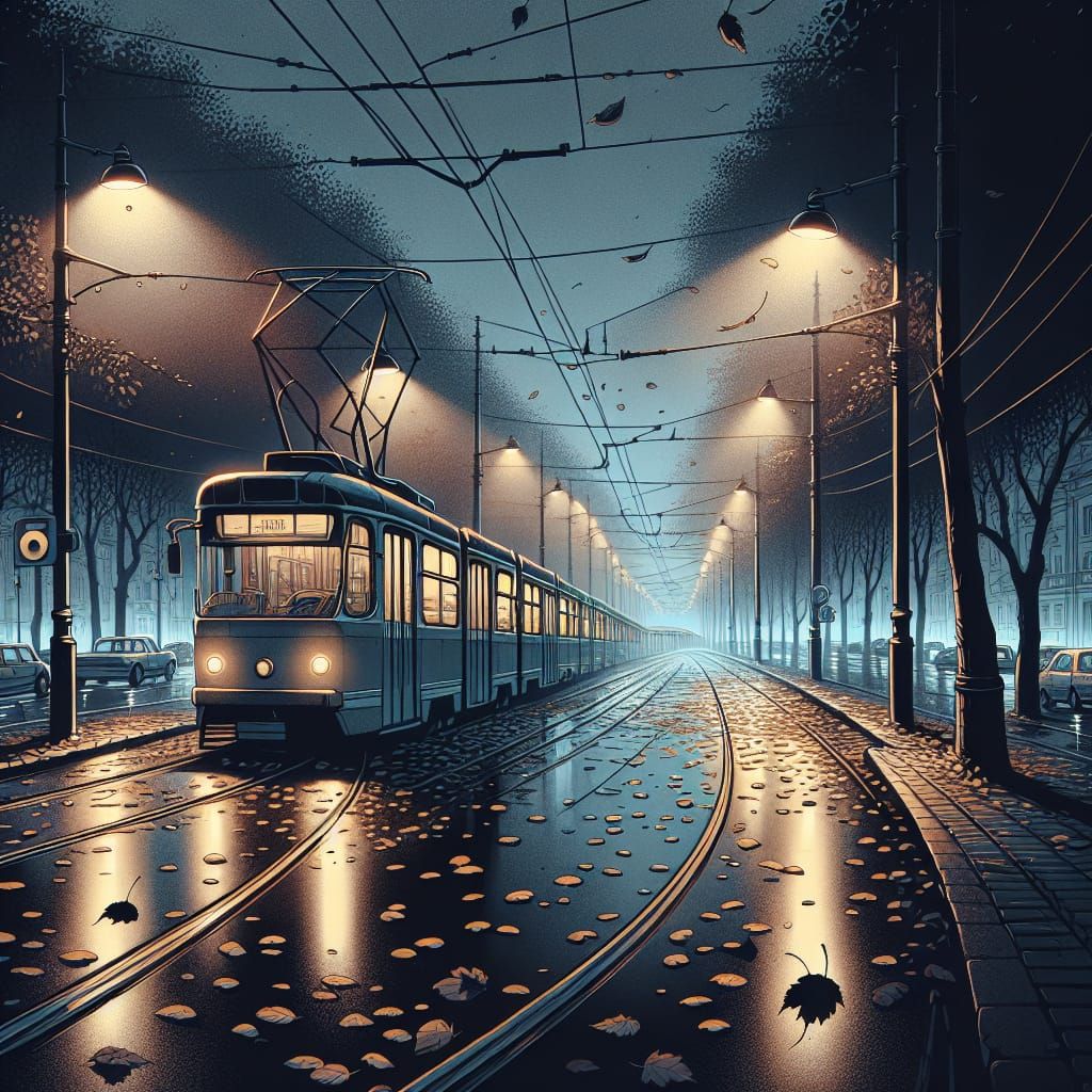 Eerie Night Scene: Silent Trams in Cityscape