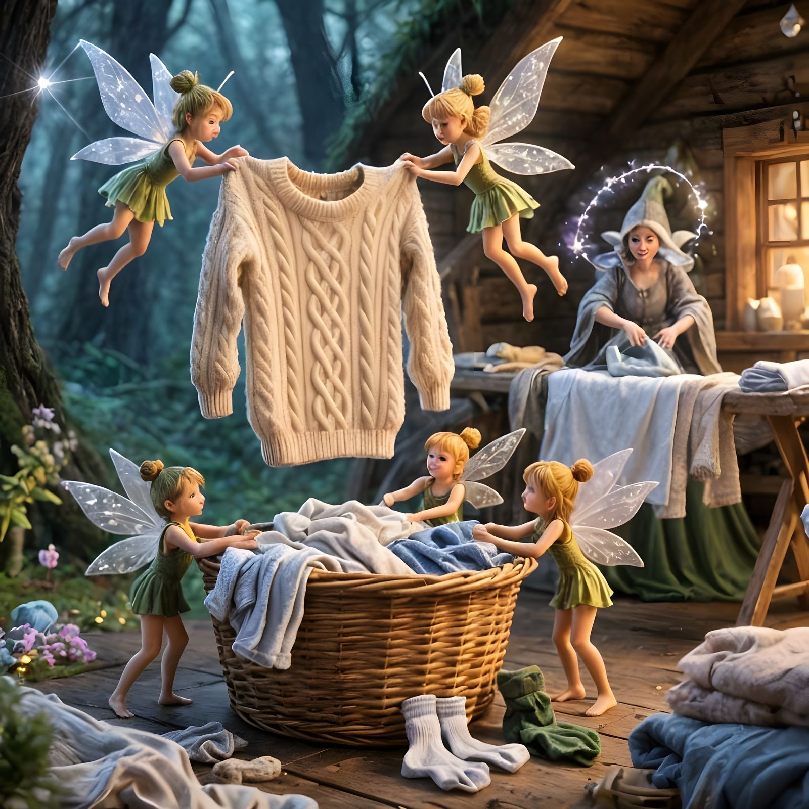 Pixies Magically Fold Laundry in Forest Cabin