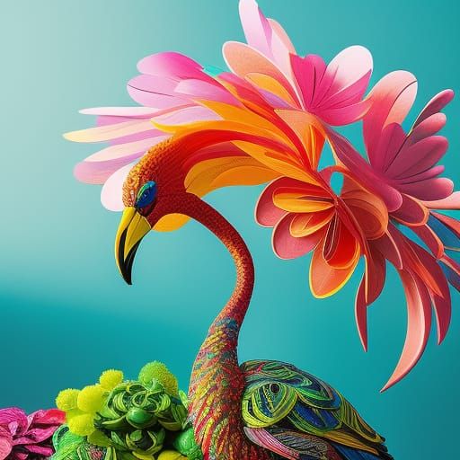 Neon Flamingo in Floral Paradise: Detailed Digital Art
