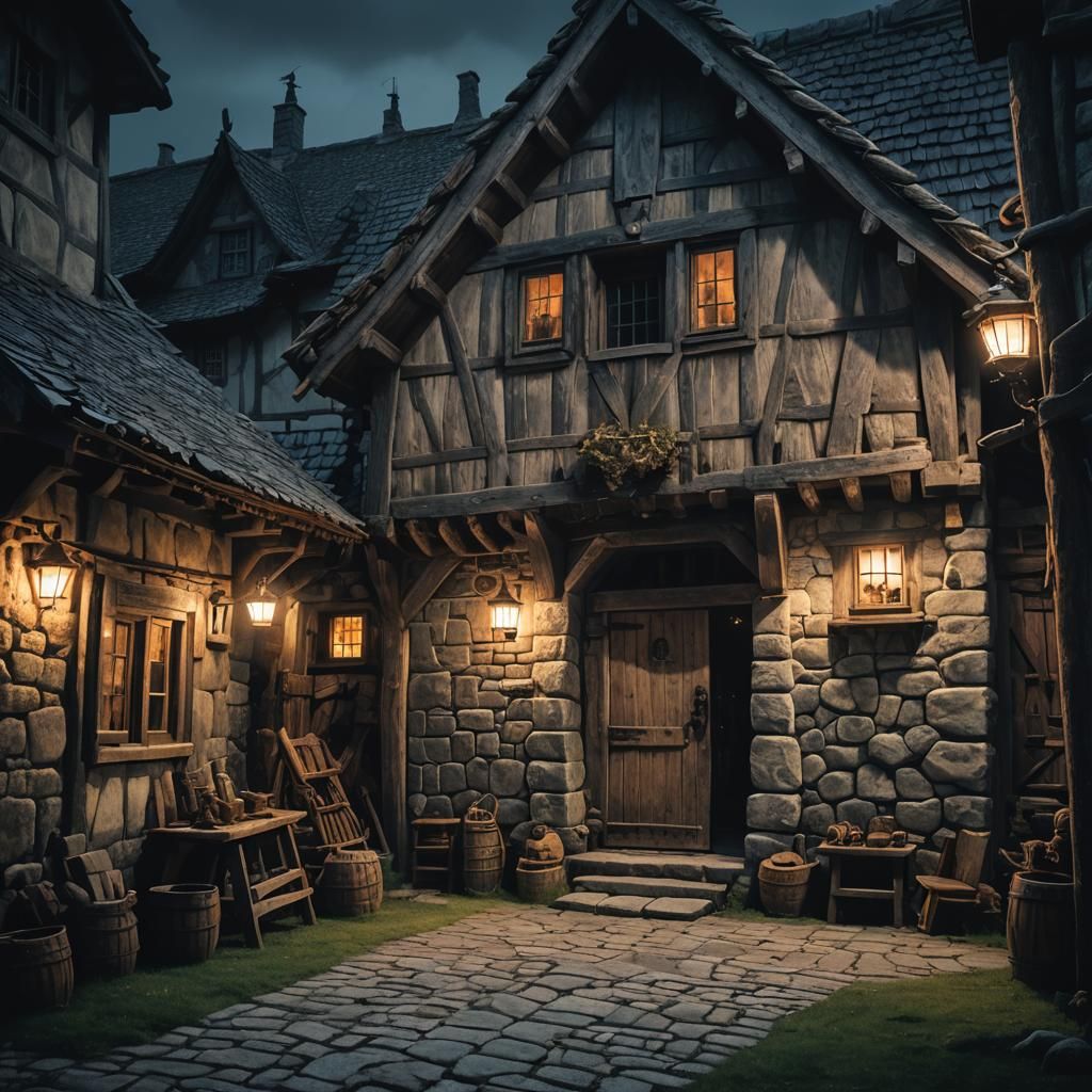 Medieval Norse Stone Trade House at Night