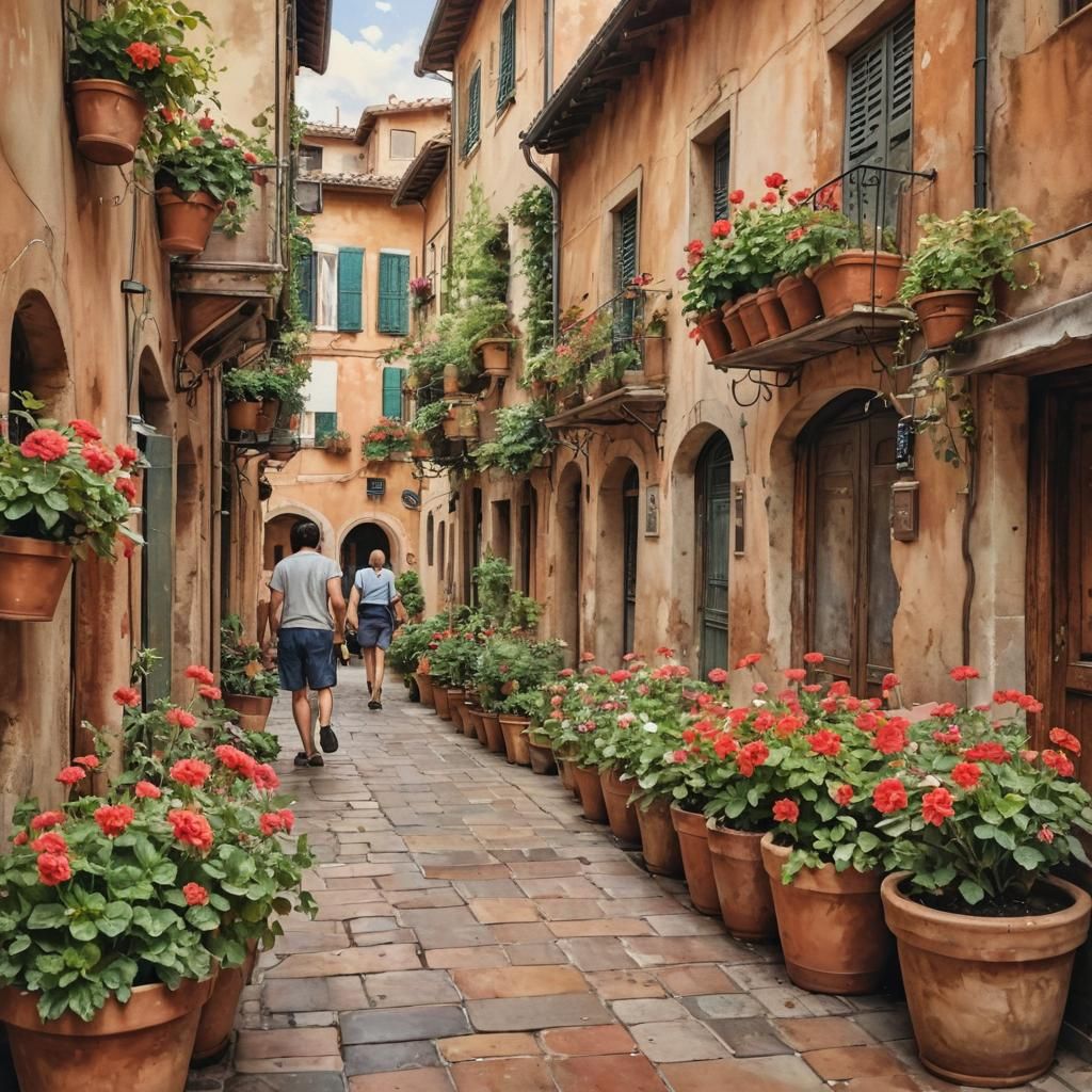 Italian Street Scene with Geraniums in Watercolor Style
