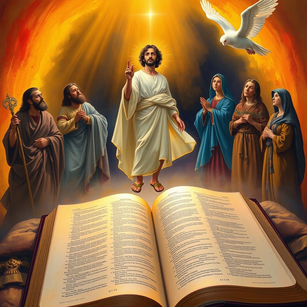 Medieval Bible Scene with Levitating Saints and Jesus