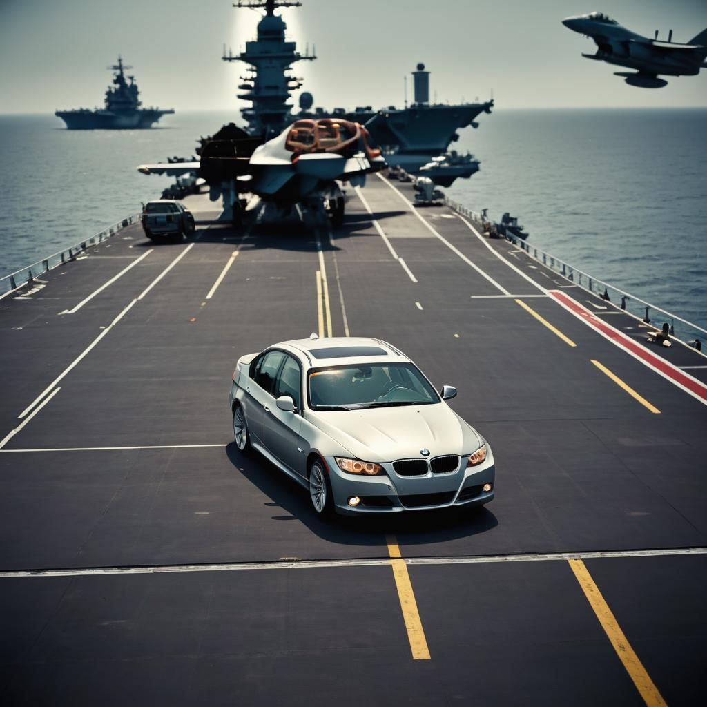 BMW 328i on Aircraft Carrier Deck: Cinematic Film Still