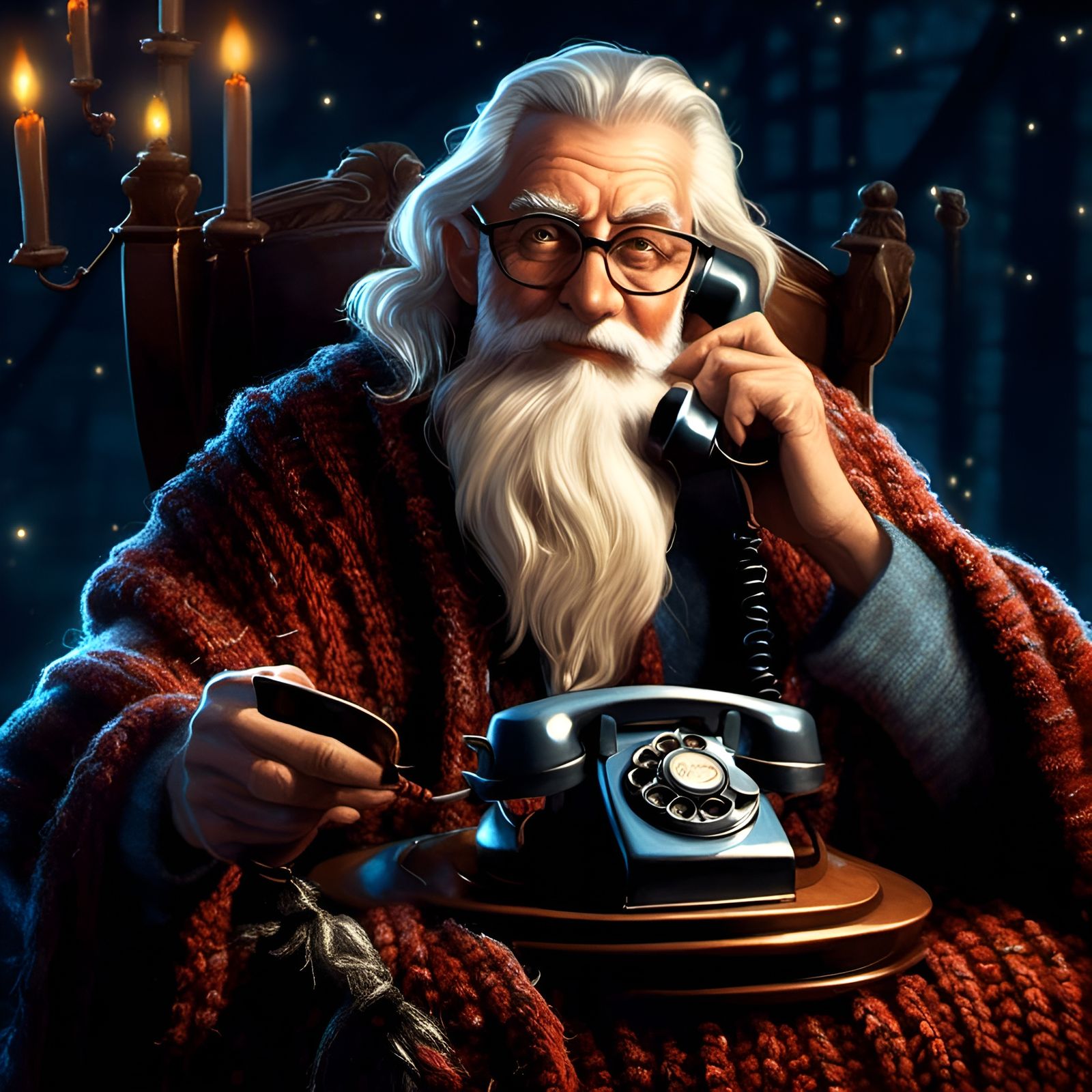 Good Old Wizard on Retro Phone in Dark Fantasy