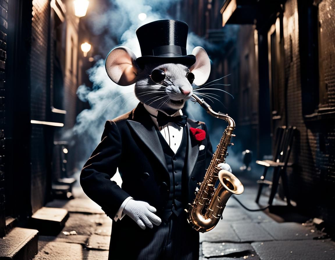 Anthropomorphic Mouse Saxophonist in Film Noir Style