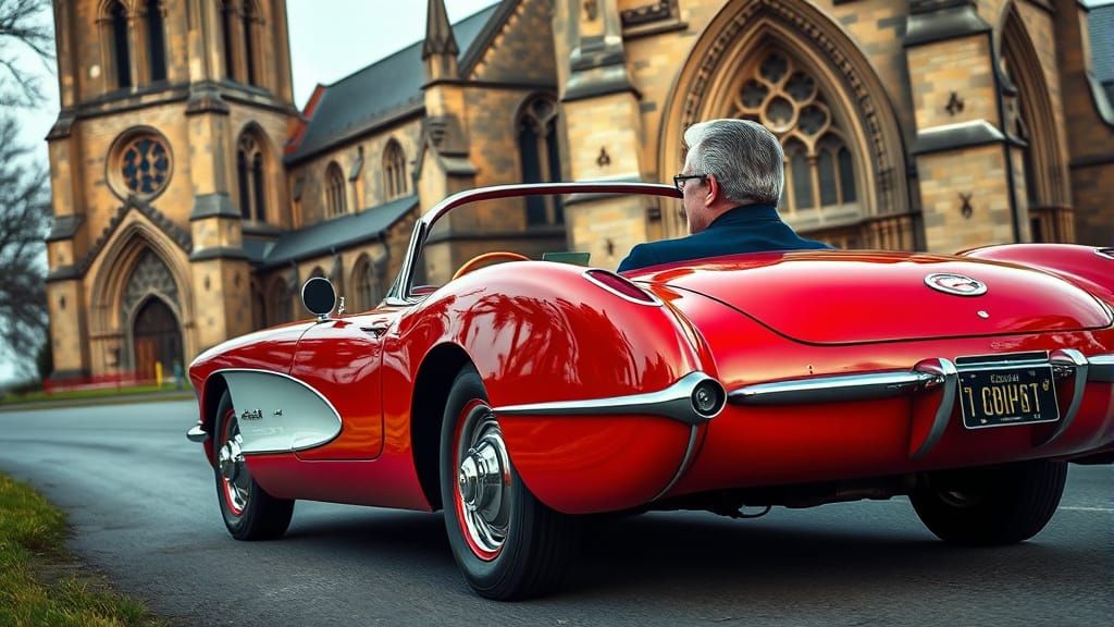 Red Corvette Pulling Away from Church, Photorealistic Style