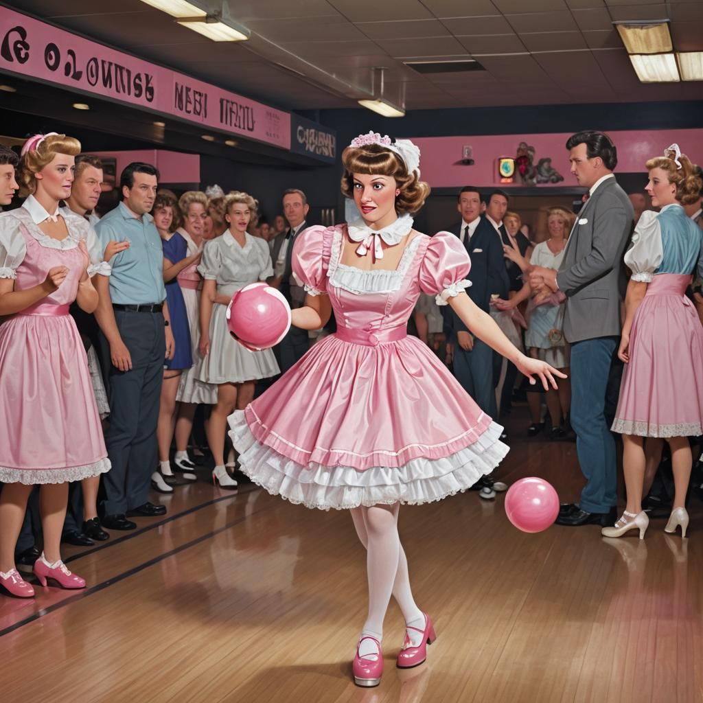Pink Sissy Maid Bowls in Dark Bowling Alley