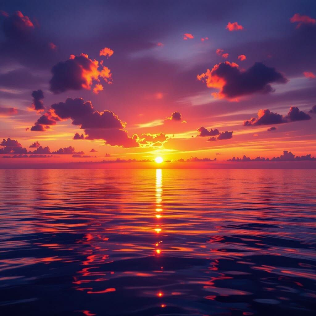 Breathtaking Sunset Over Calm Ocean in Fiery Glow