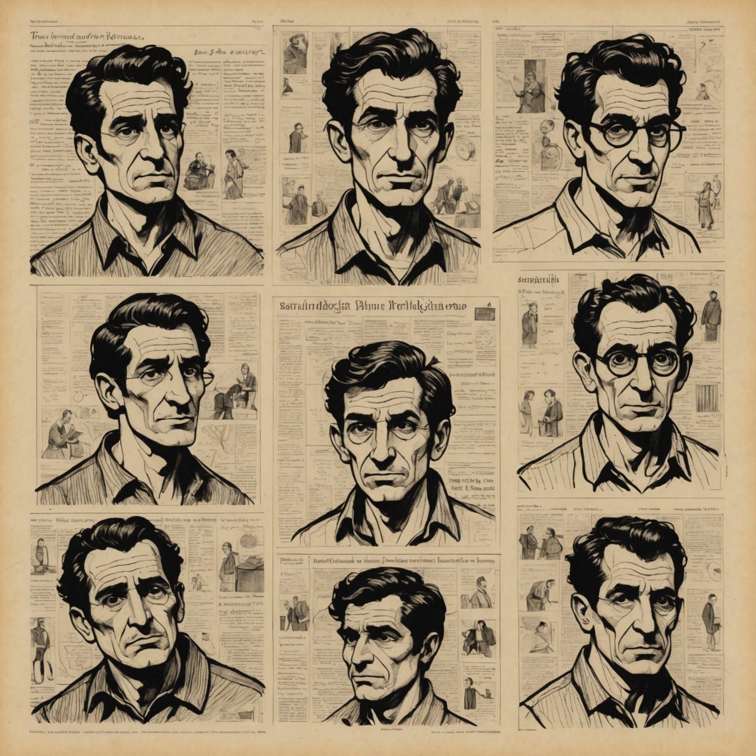 Cartoon Men Drawings on Old Newspaper, Ink Style