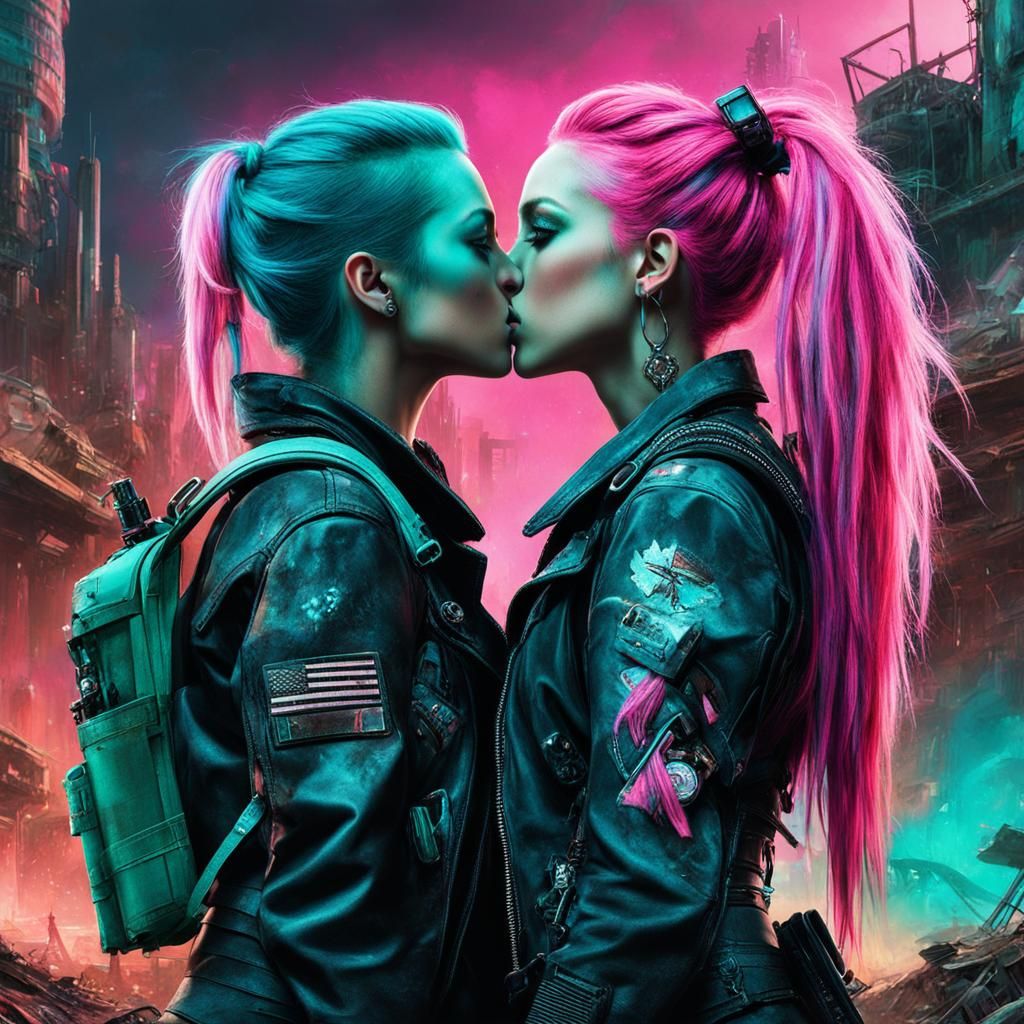 Cyberpunk Kiss in Post-Apocalyptic Wasteland