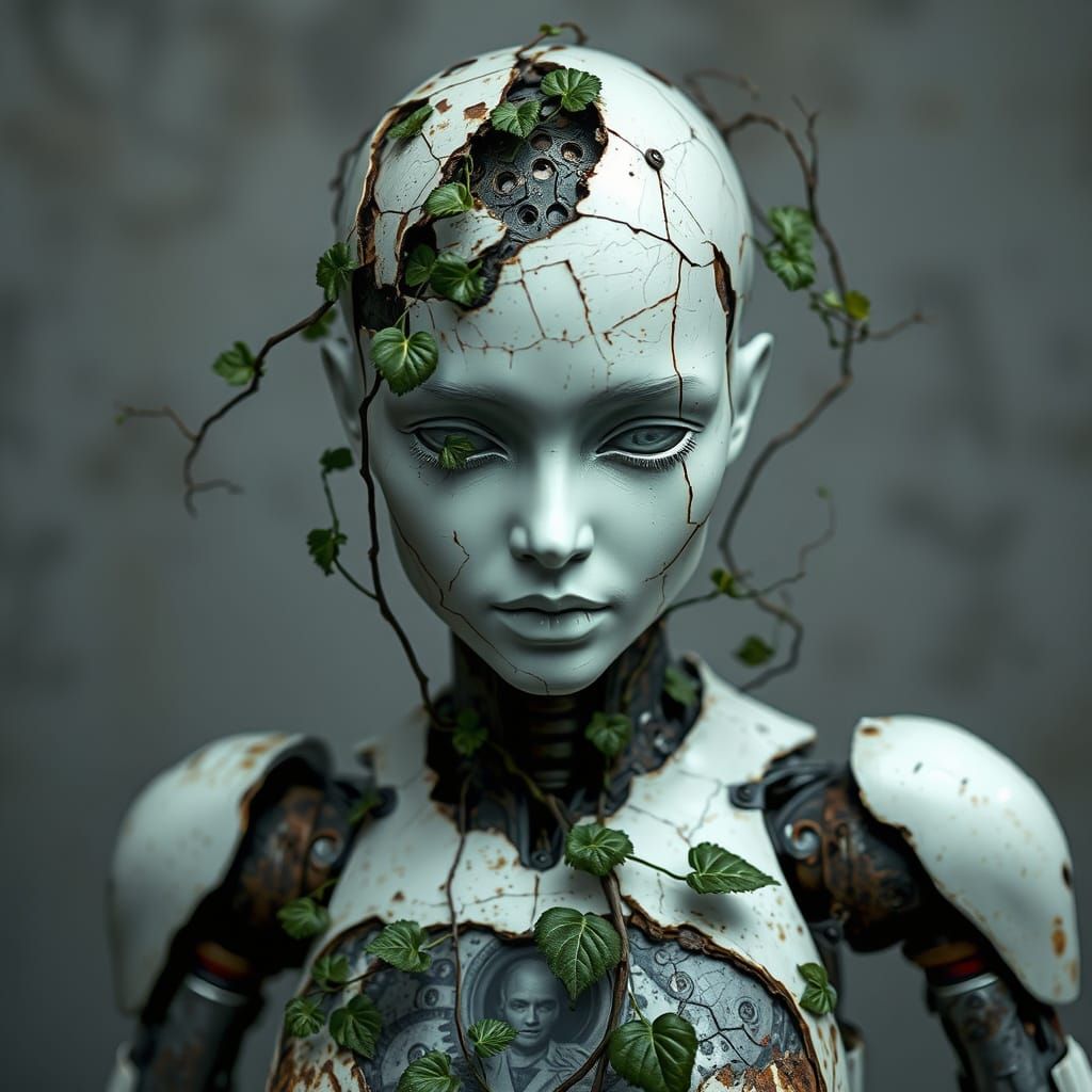 Vines Enshrouding Abandoned Android Statue