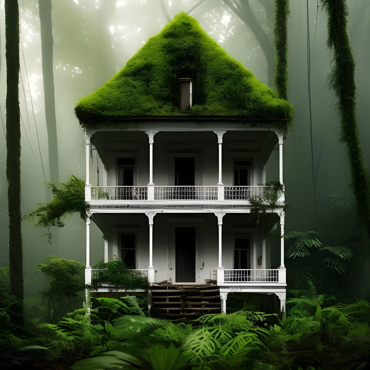 Victorian House Abandoned in Lush Cyberpunk Forest