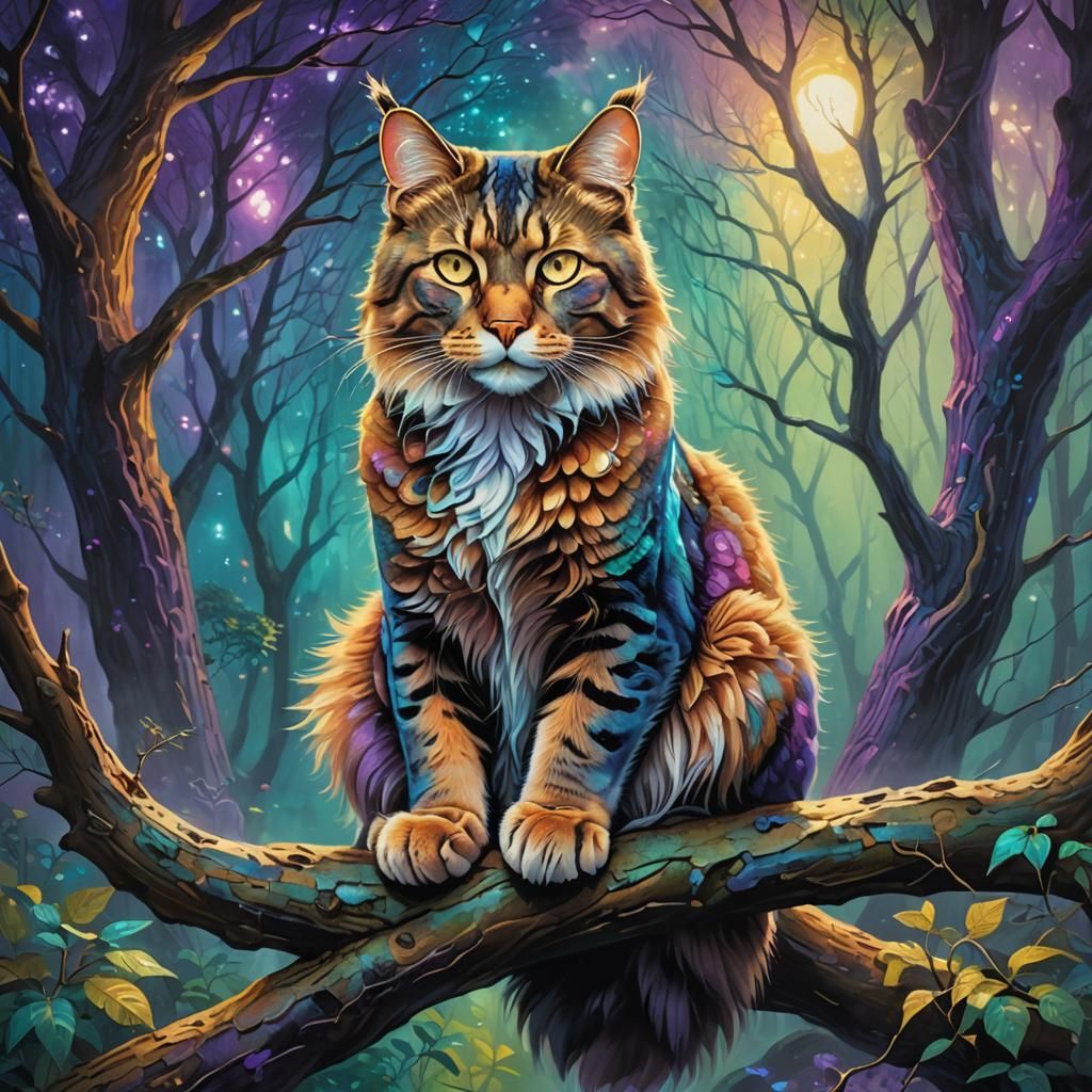 Mystical Cat Overlooking Forest, Fantasy Oil Painting