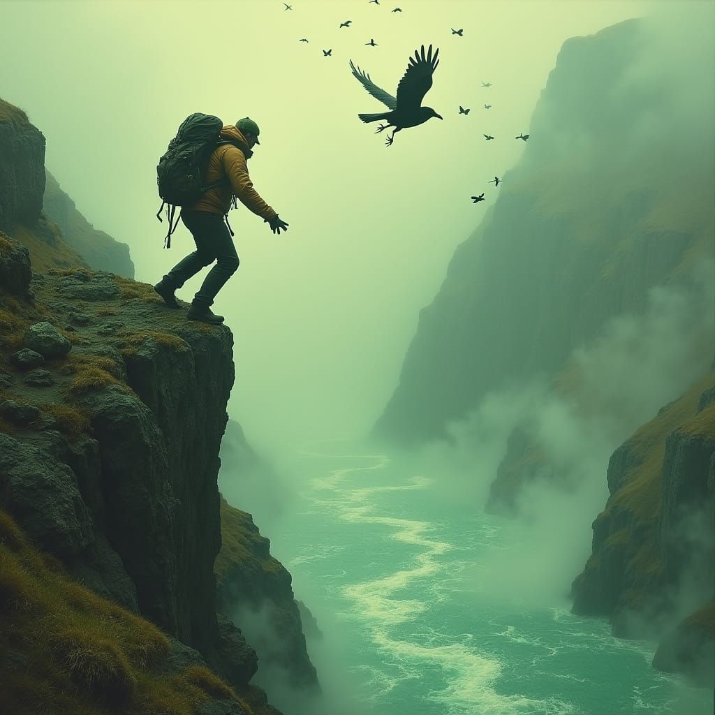 Mountain Climber Teeters on Edge of Boiling Emerald Lake