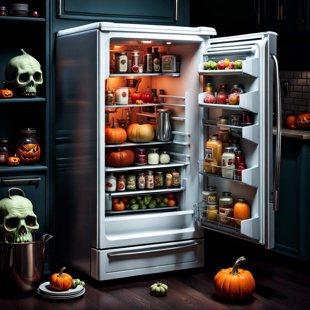 Hyperdetailed Refrigerator-Zombie in Halloween Kitchen