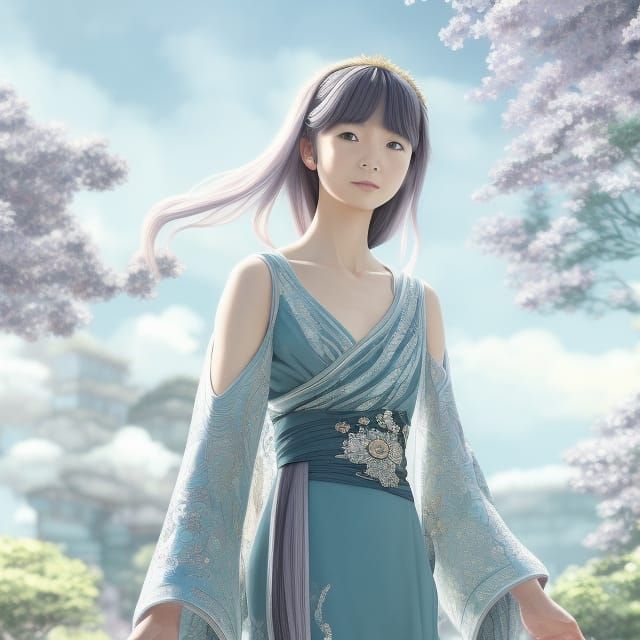 Anime Girl in Silver Kimono, Studio Ghibli Style