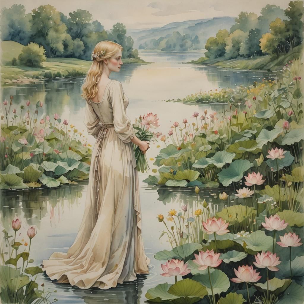 Woman with Wildflowers: Watercolor and Gouache Painting