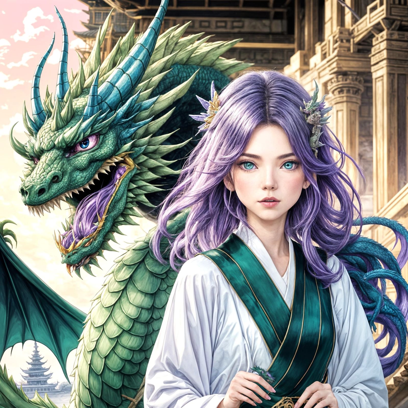 Regal Fantasy Japanese Princess with Her Majestic Green Drag...