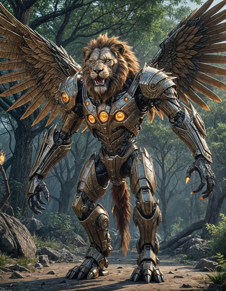 Mechanical Lion Fantasy Creature with Metal Wings
