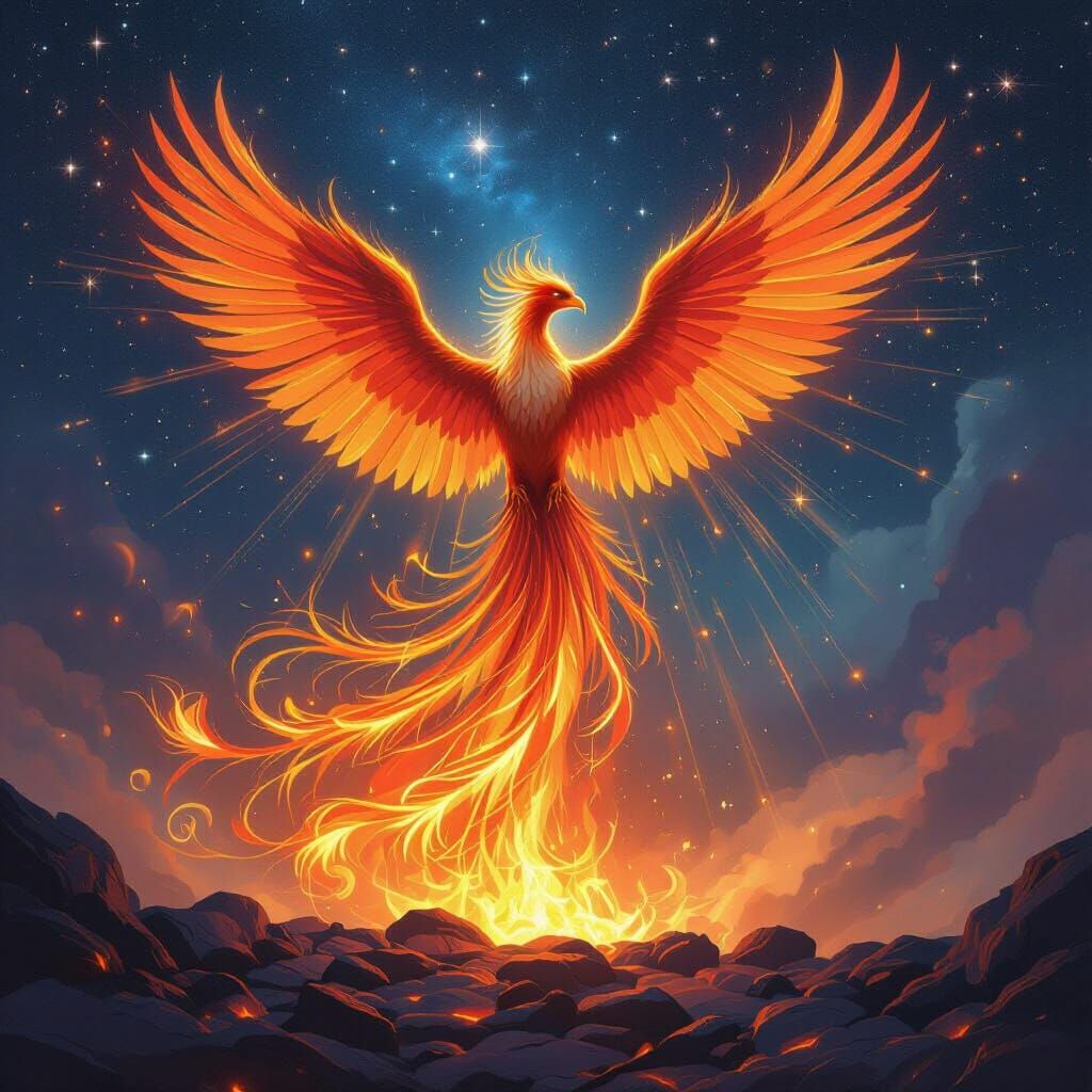 Majestic Phoenix Rises from Embers in Cosmic Nebula