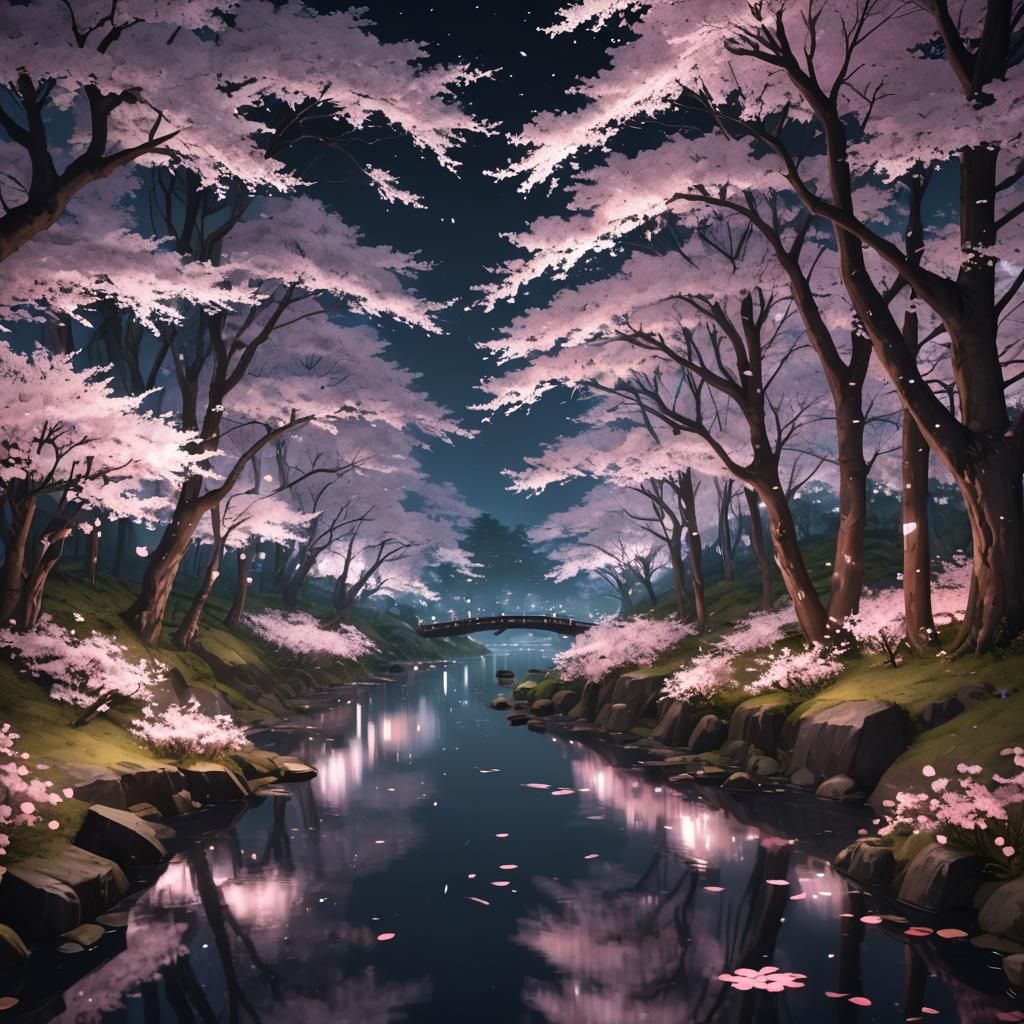 Epic lighted sakura forrest with a small river , in the night
