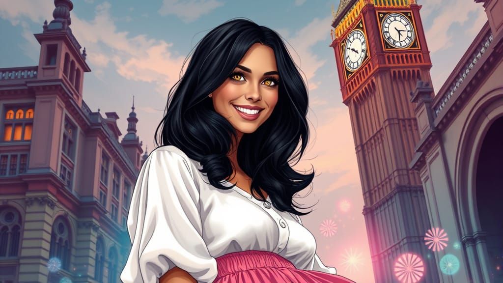 Woman Smiling Near Big Ben in Art Nouveau Style