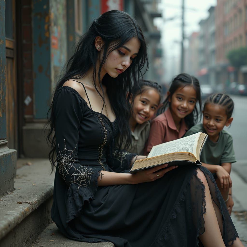 Young Woman Reads to Children in Ruined City