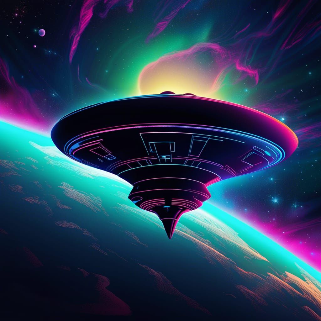 Alien Spaceship Over Earth: Retro Synthwave Digital Art