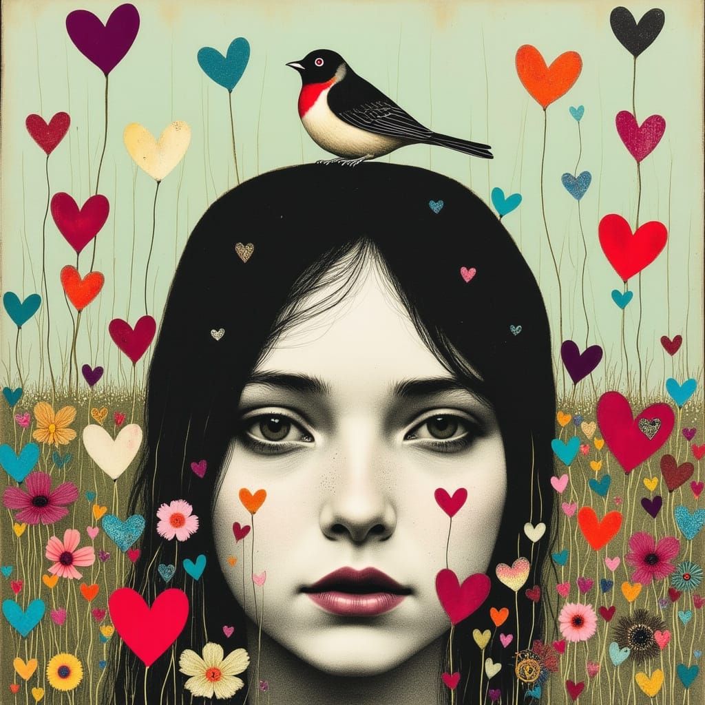 Woman's Face with Sparrow and Wildflowers in Melancholy Styl...