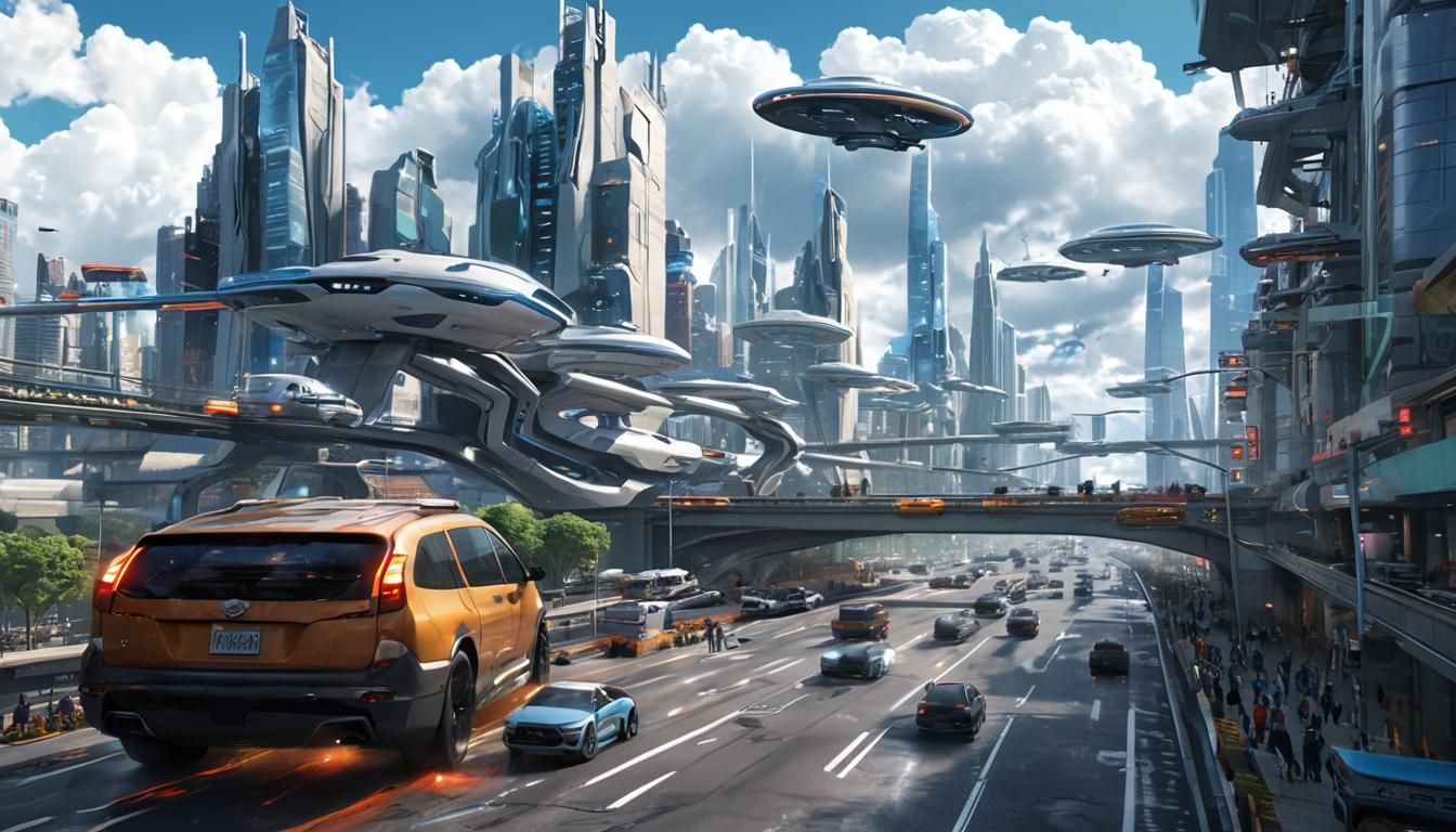 Futuristic Cityscape with Flying Cars in Sci-Fi Style