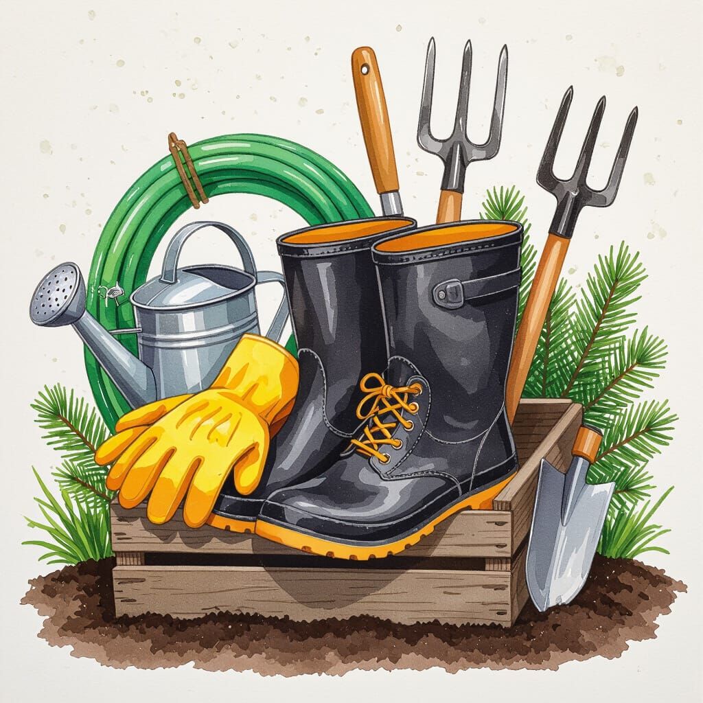 Lively Watercolor Gardening Tools in Wooden Crate