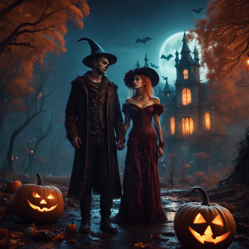 Halloween Night Couple: Detailed Fantasy Concept Art