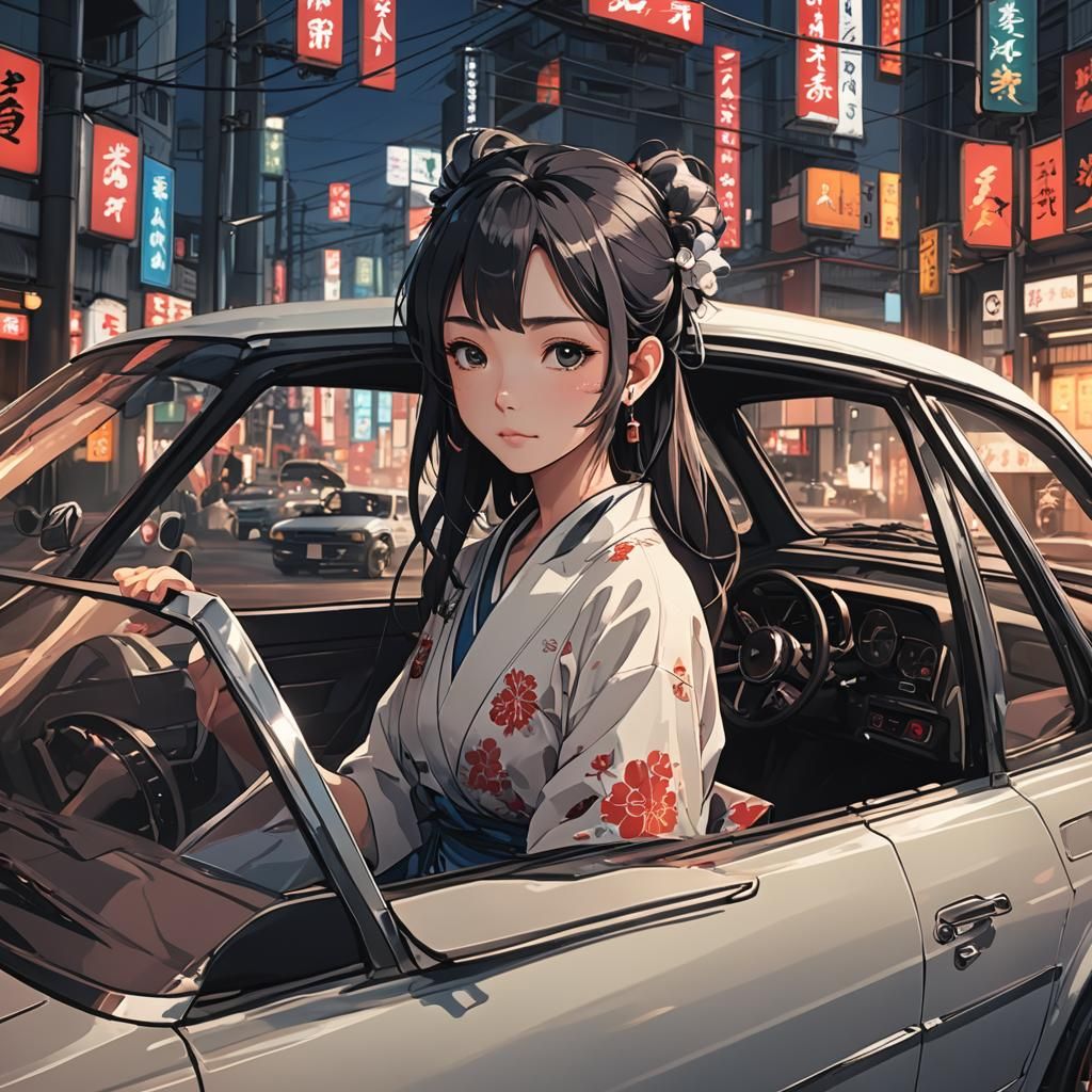 Girl in Japanese Car: Cel-Shaded Anime Art