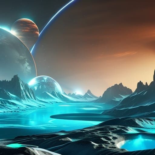 Icy Ringed Alien Planet: Dark Fantasy Concept Art