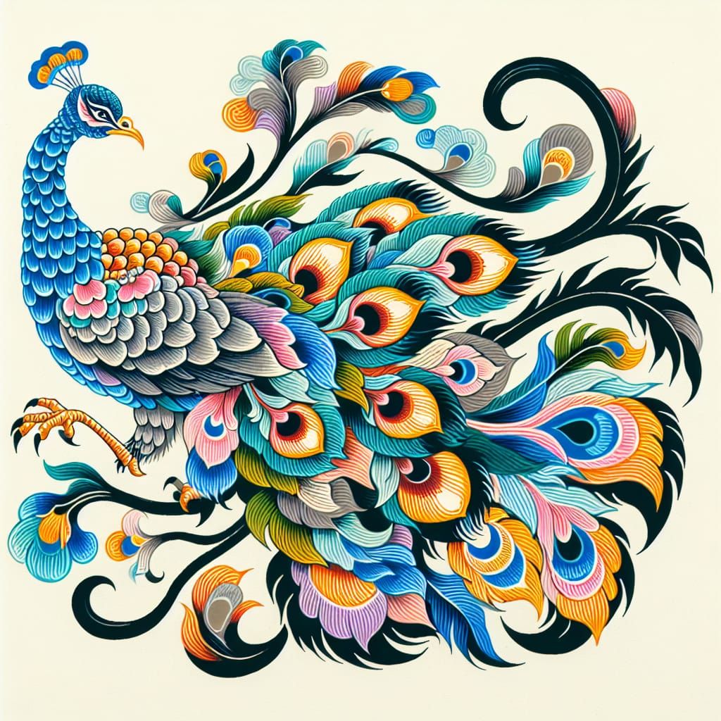 Vibrant Peacock in Traditional Chinese Guohua Style