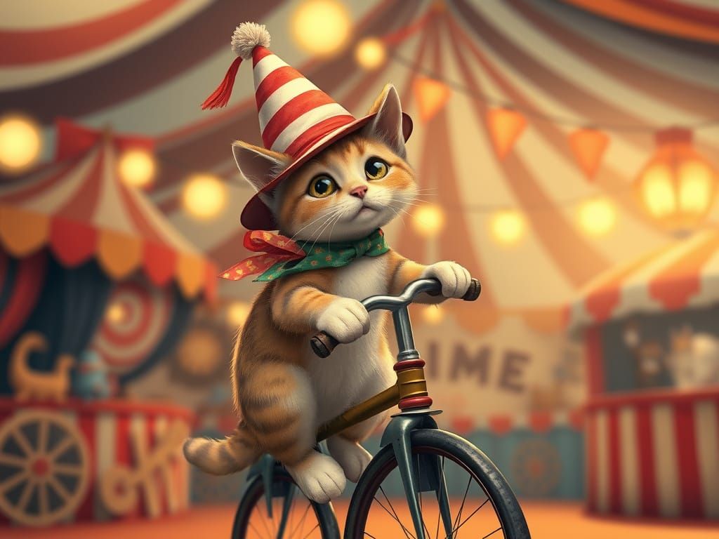 Whimsical Circus Cat Riding Unicycle in Children's Book Styl...
