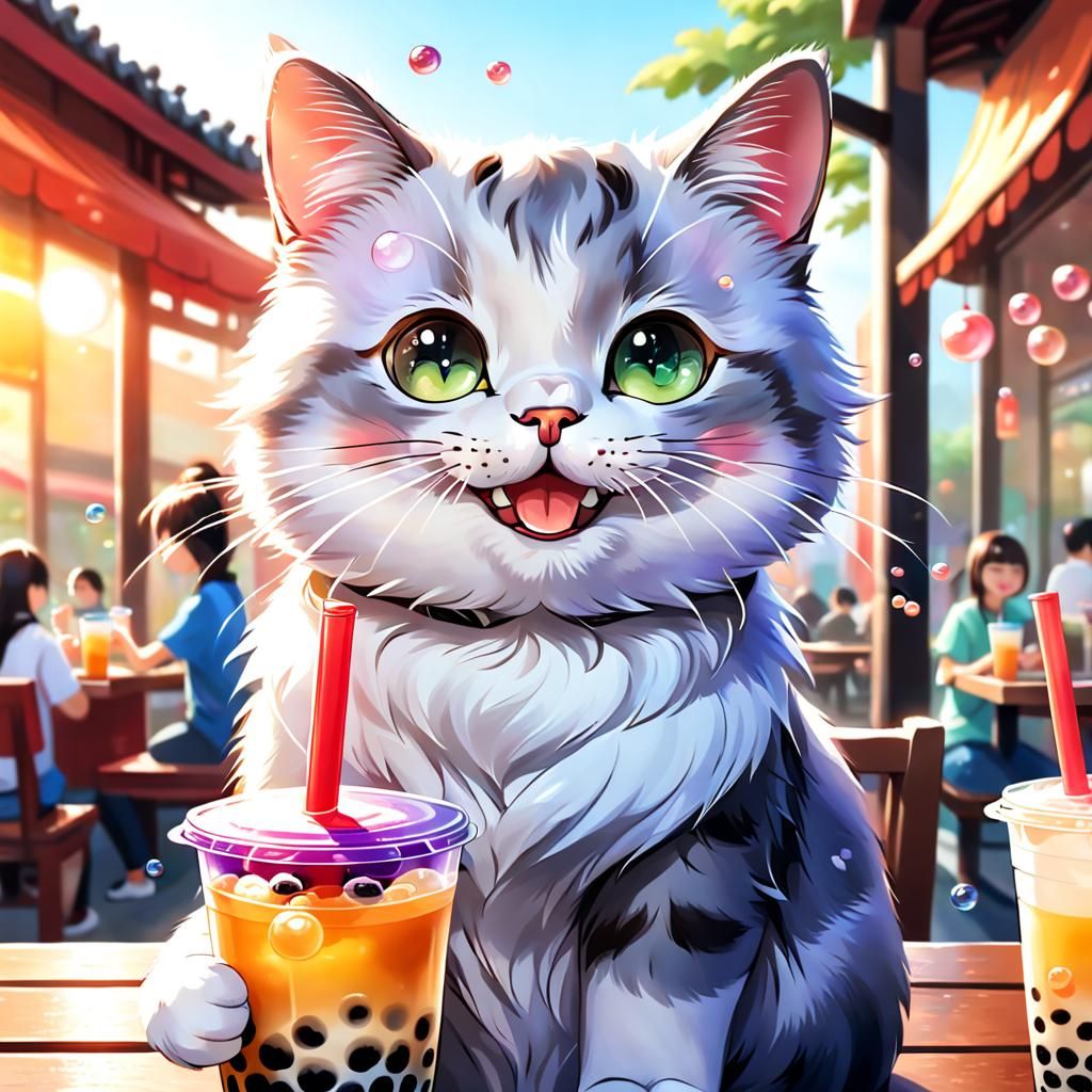 Happy Cat Drinking Bubble Tea